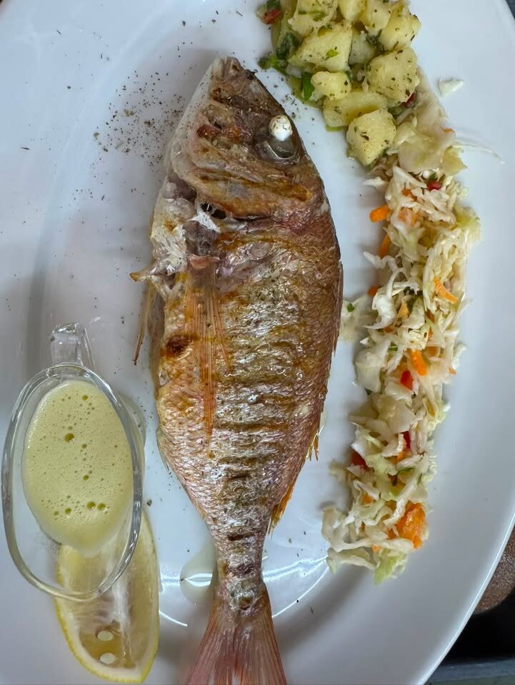 Grilled whole fish with potato salad and slaw